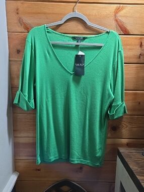 Lauren Ralph Lauren NWT Bright Green V-Neck Roll-Tab Sleeve Top XL 0430